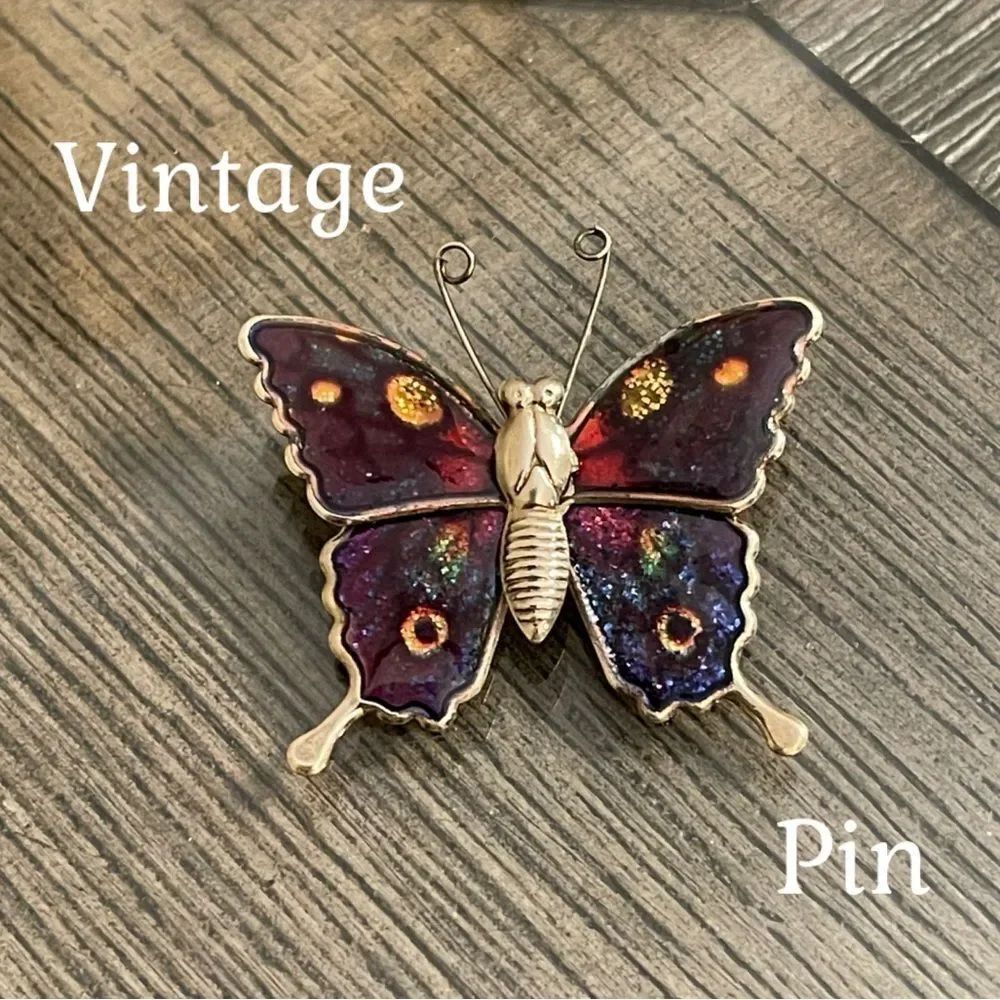 Vintage Gold-tone Butterfly with Glitter & Colorful Resin